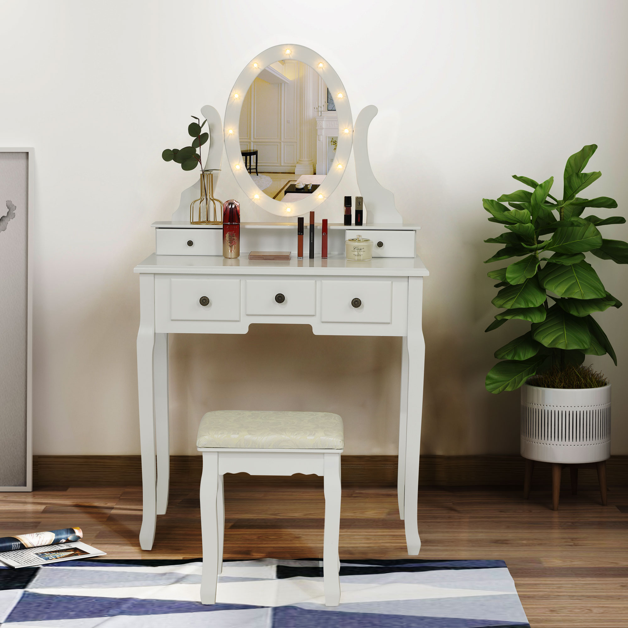 JAXSUNNY Modern Vanity Table Set Makeup Table w/ 12 LED Bulbs & Stool 360° Rotating Mirror