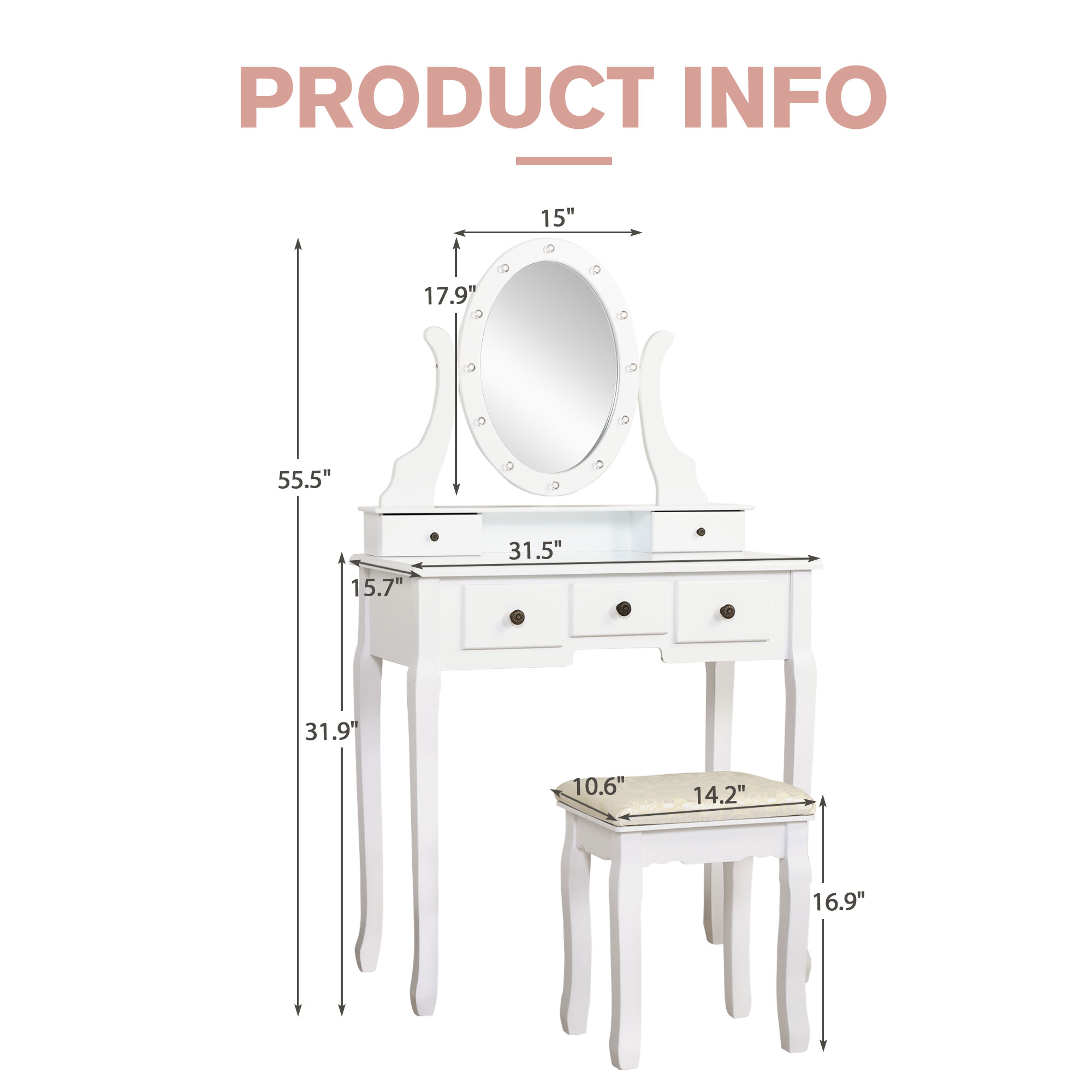 JAXSUNNY Modern Vanity Table Set Makeup Table w/ 12 LED Bulbs & Stool 360° Rotating Mirror