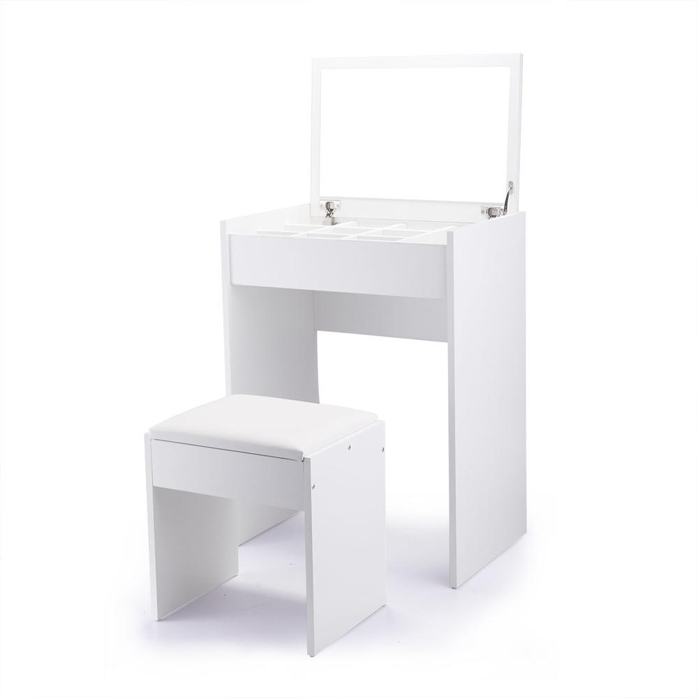 JAXPETY Small Modern Dressing Table Set W/Flip-up Mirror Top,Bedroom Makeup Vanity Desk W/Storage Compartment & Stool