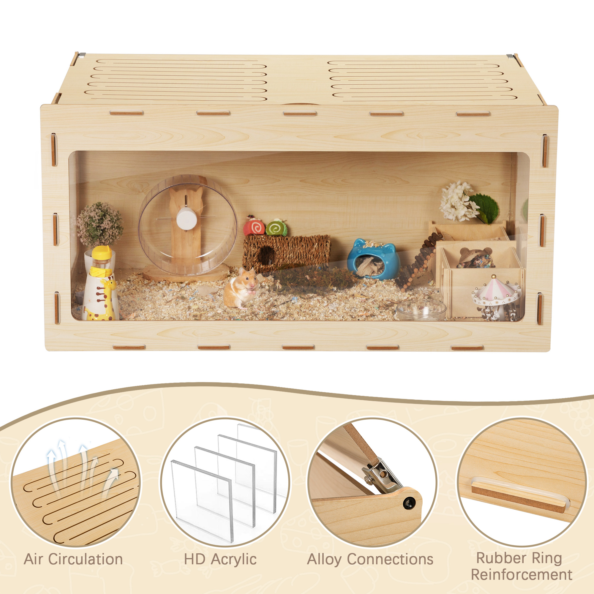 COZIWOW Wooden Hamster Habitat Small Animal Hutch and Exercise Play House Acrylic Hutch for Hamster, Guinea Pig, Chinchilla