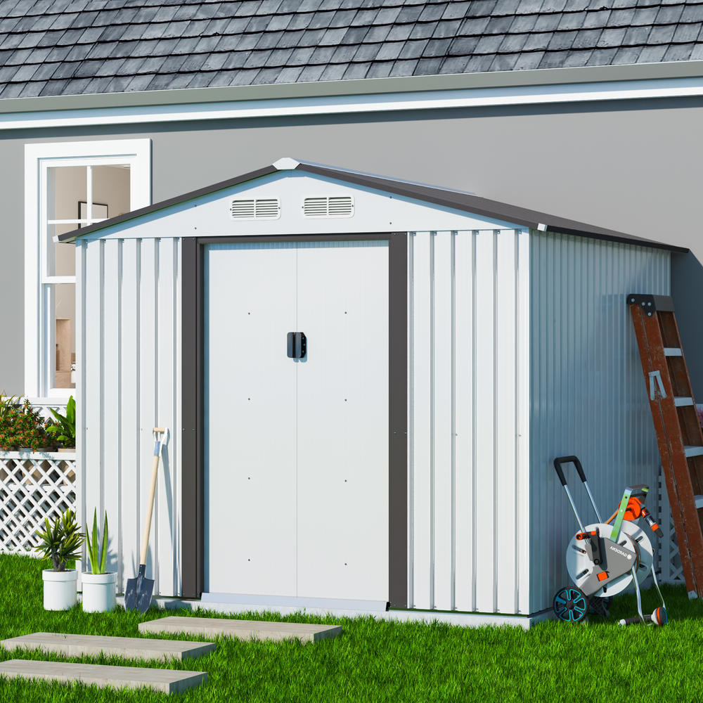 JAXPETY 8.4’ x 8.4’ Outdoor Gable Steel Storage Shed Metal Tool Storage Shed, Garden Lawn Mower Equipment Shed House with Lockable Door