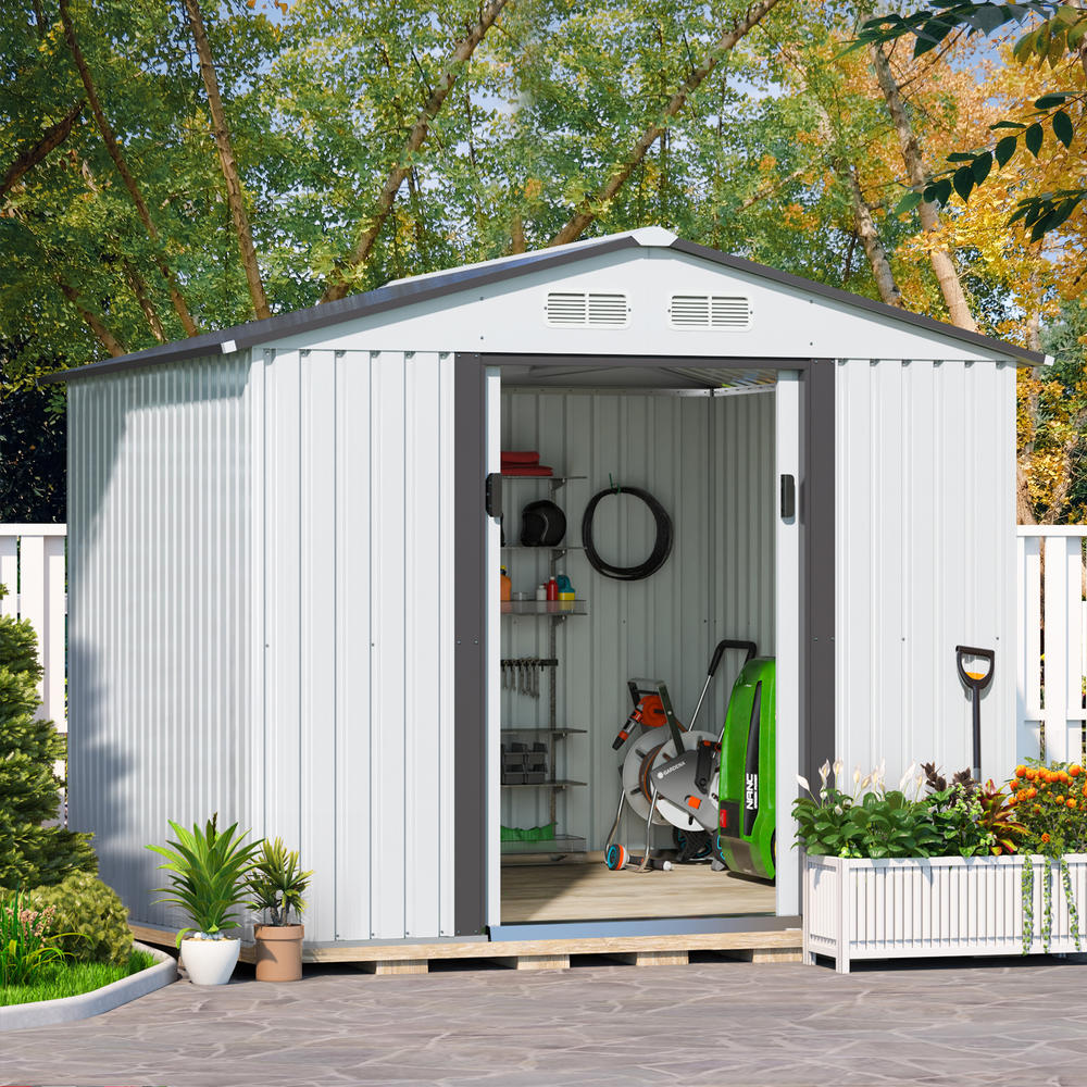 JAXPETY 8.4’ x 8.4’ Outdoor Gable Steel Storage Shed Metal Tool Storage Shed, Garden Lawn Mower Equipment Shed House with Lockable Door