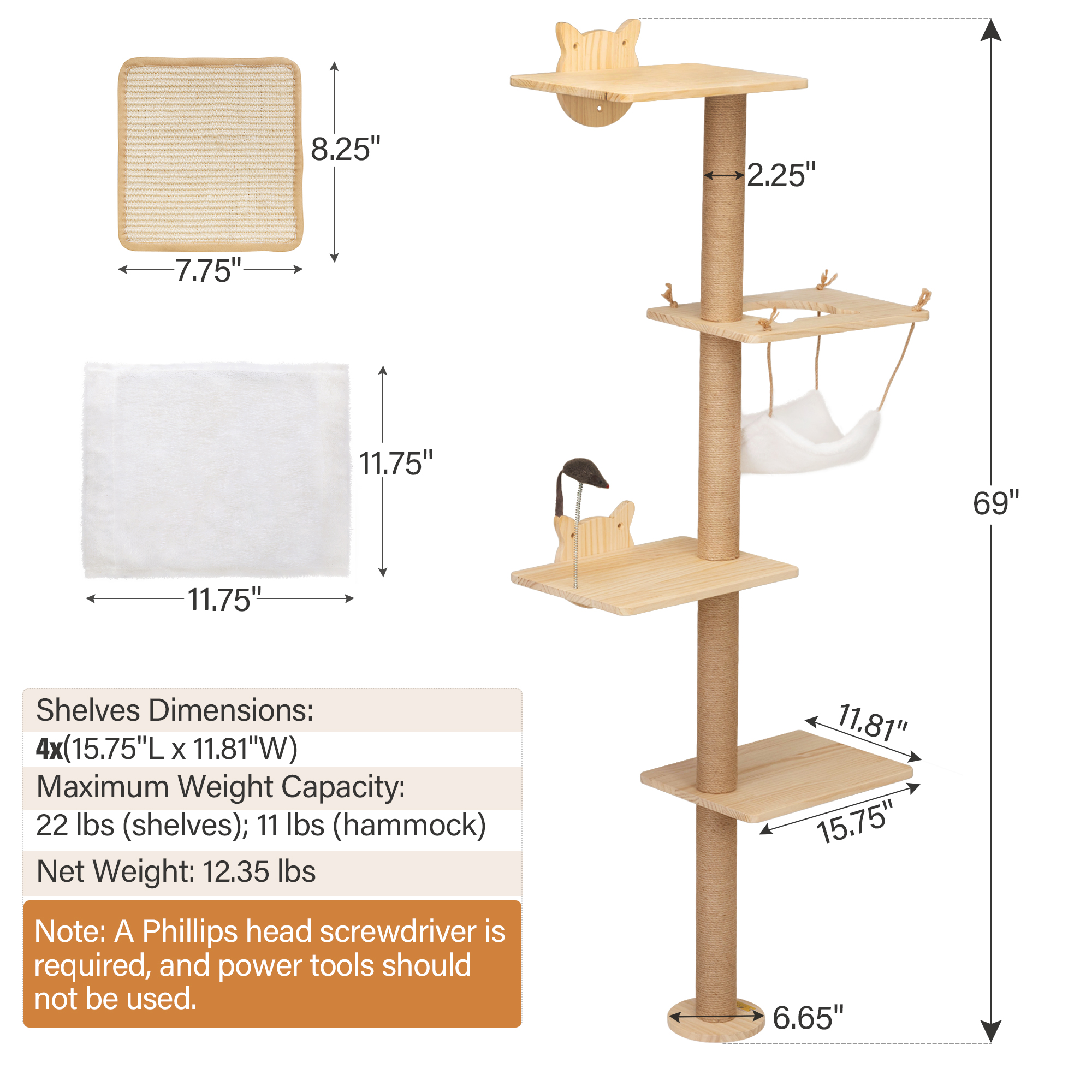 COZIWOW Wall-Mounted 4-Tier Cat Scratching Post, Cat Activity Tree and Shelves with Platforms, Hammock, Scratcher Mat