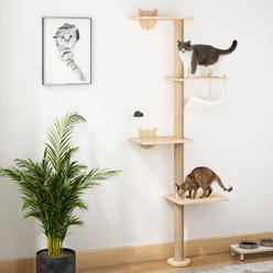 COZIWOW Wall-Mounted 4-Tier Cat Scratching Post, Cat Activity Tree and Shelves with Platforms, Hammock, Scratcher Mat