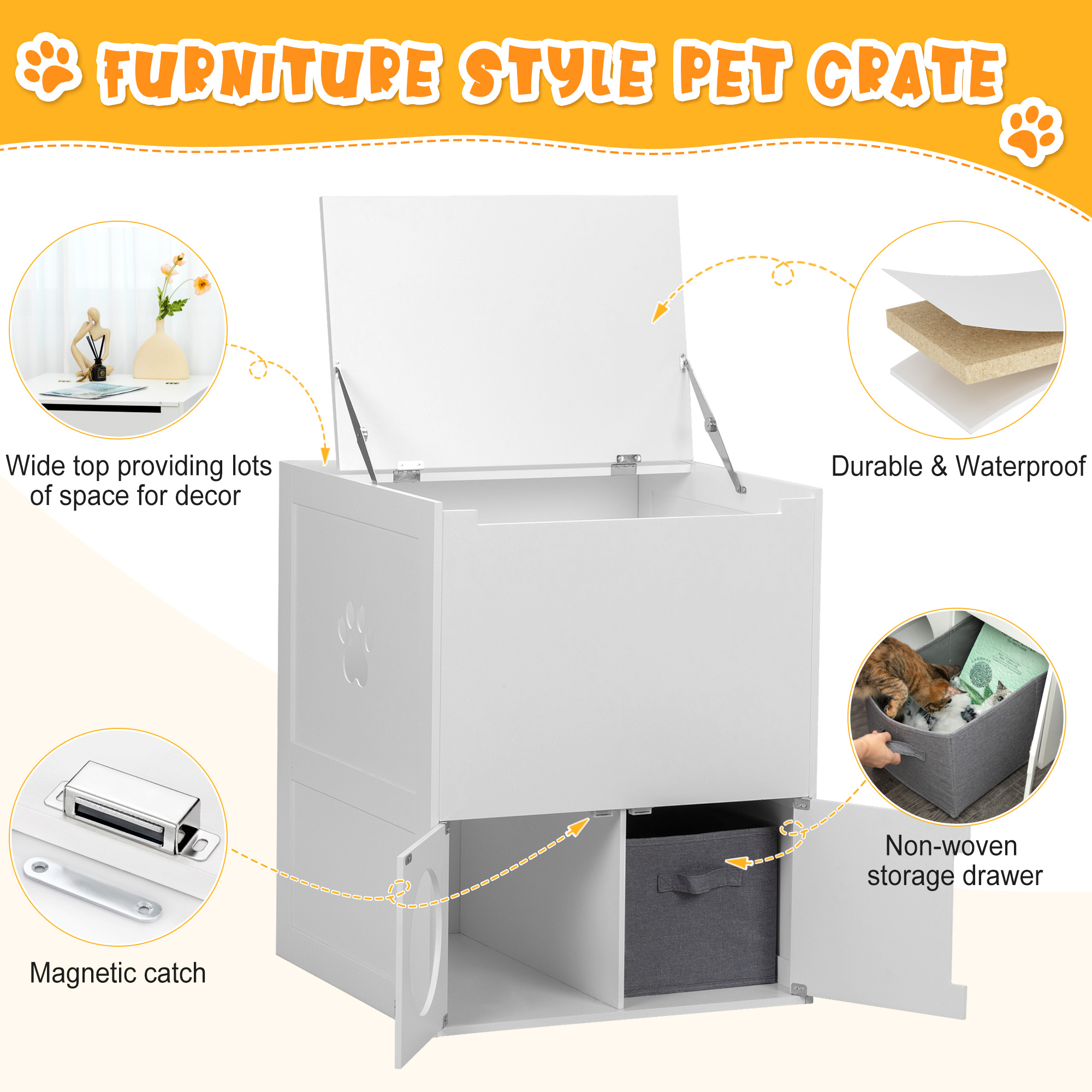 COZIWOW Multifunctional Cat Litter Box Enclosure with Openable Tabletop and Non-woven Drawer, White