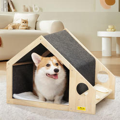COZIWOW Wooden Pet House with Removable Cushion and 2 Plastic Dog Bowls for Small Dogs or Medium to Large Cats
