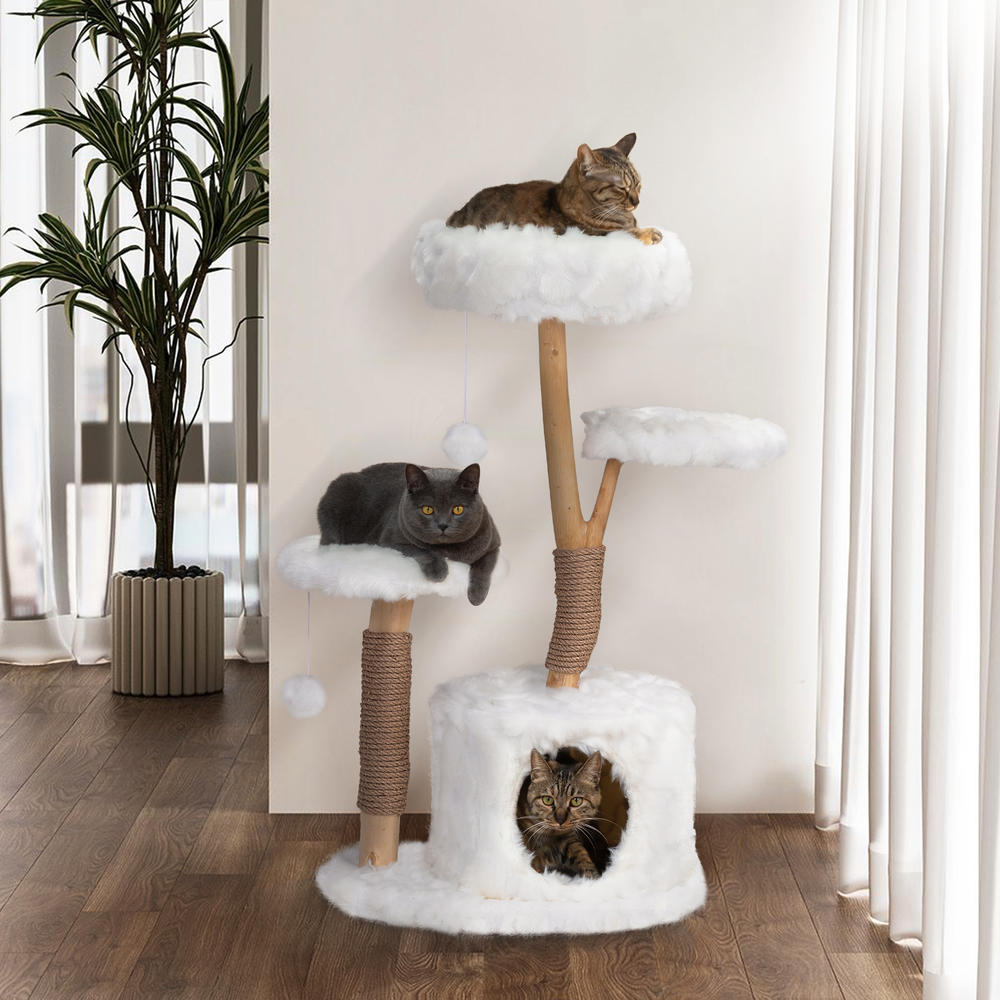 COZIWOW Multi-Level Modern Cat Tree Tower, Real Branch Cat Climbing Furniture with Perches, Cat Condo, Scratching Posts, White