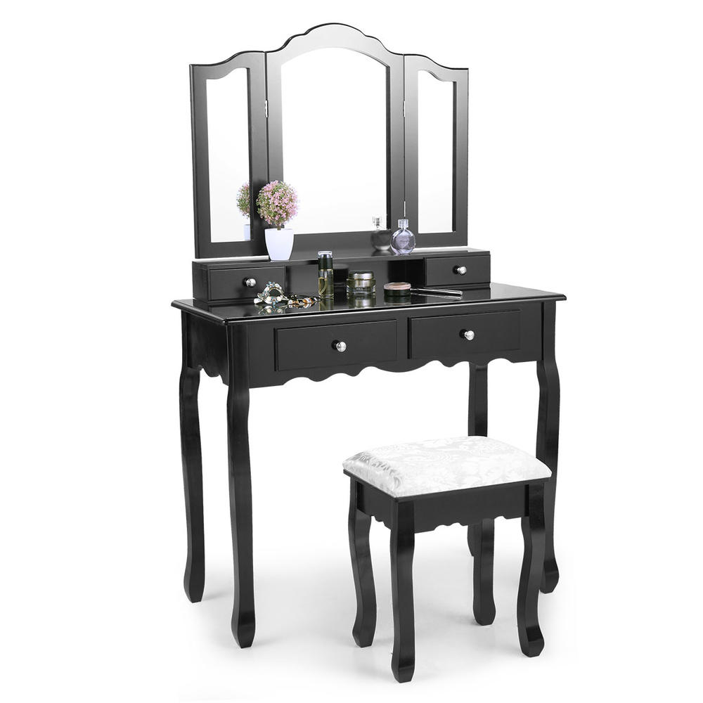 JAXPETY Girls Makeup Vanity Dressing Table Stool Set Tri Folding Mirror W/Detachable Top 4 Drawers Bathroom Home Furniture