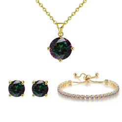 Paris Jewelry 18k Yellow Gold 7 Ct Round Created Mystic Set Of Necklace, Earrings And Bracelet Plated By Paris Jewelry