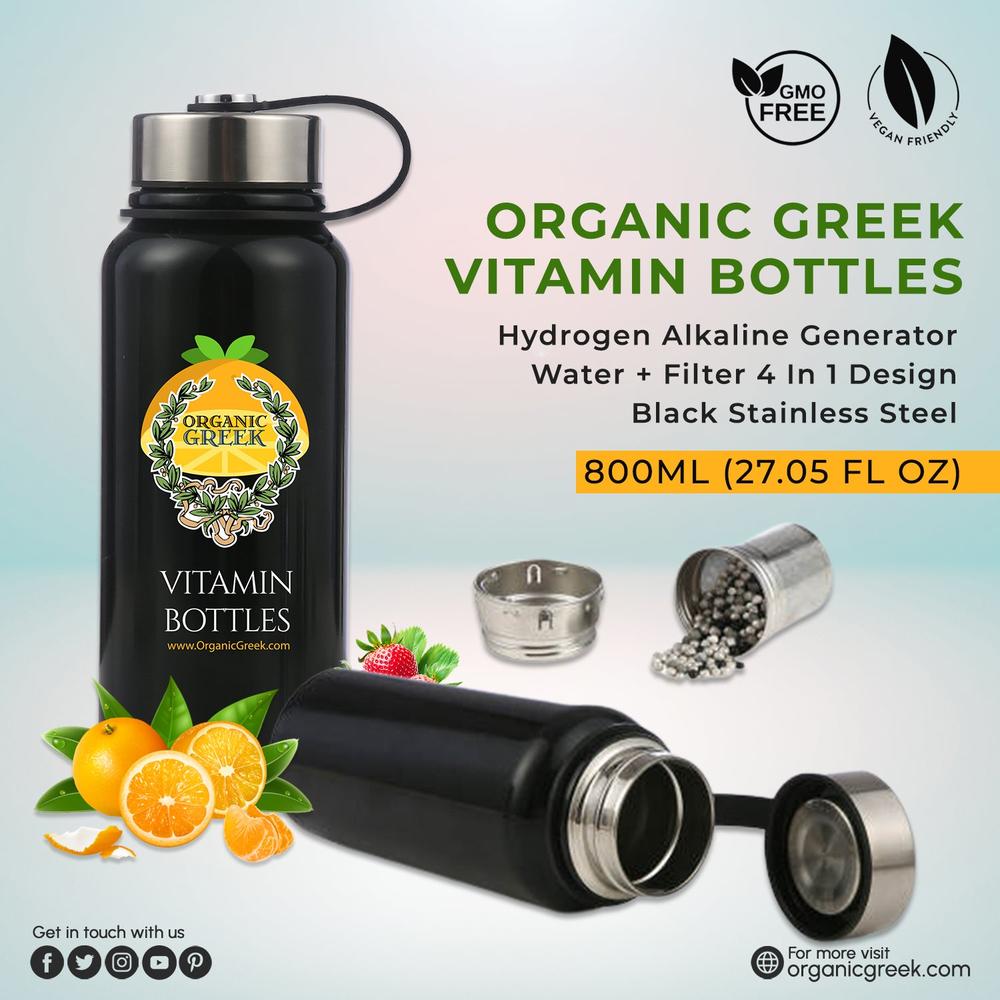 Organic Greek Vitamin Bottles. Hydrogen Alkaline Generator Water + Filter 4 In 1 Design Black Stainless Steel 800mL (27.05 FL OZ