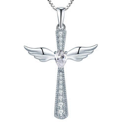 Paris Jewelry 18K White Gold 3Ct White Sapphire Angel Wing And Cross Necklace Plated