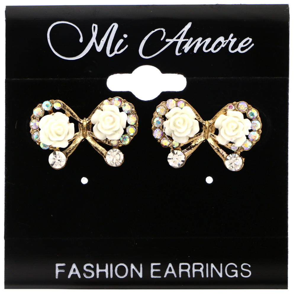 Mi Amore AB Finish Bow Rose Post-Earrings Gold-Tone & White