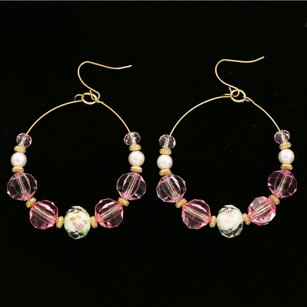 Erica Lyons Rose Picture Bead Dangle-Earrings Gold-Tone/Pink