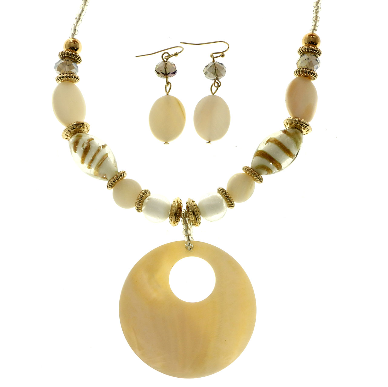 MIXIT Gift Boxed Shell Pendant Necklace-Earring-Set White & Gold-Tone