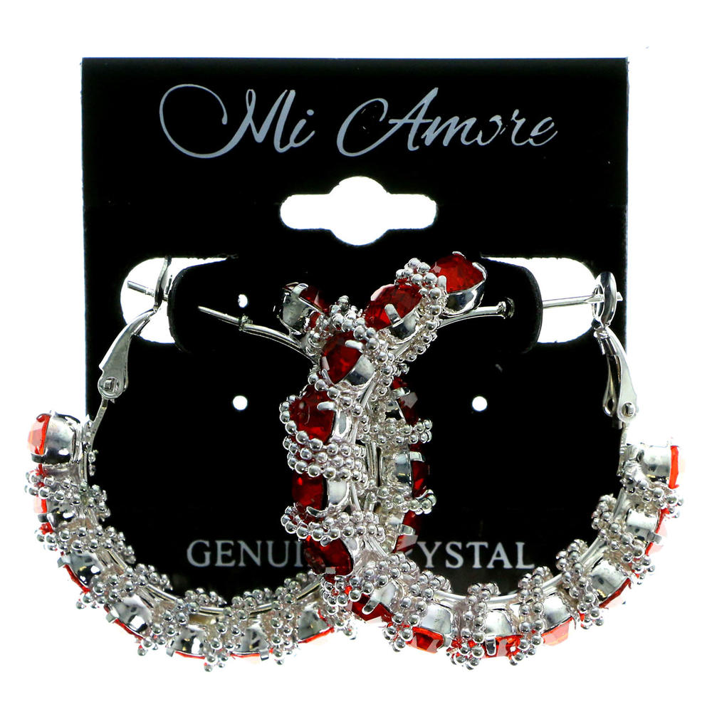 MI AMORE Ornate Hoop Earrings With Red Faceted Crystal Accents Silver-Tone