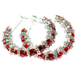 MI AMORE Ornate Hoop Earrings With Red Faceted Crystal Accents Silver-Tone