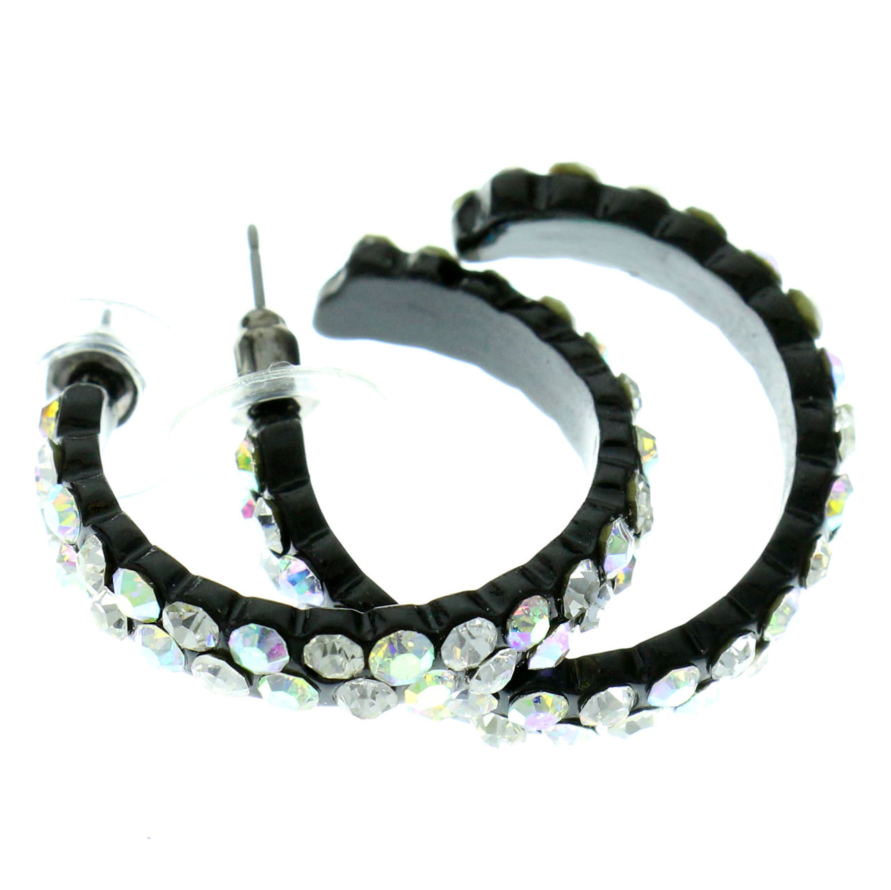 MI AMORE Black Hoop Earrings With Sparkling Iridescent Faceted Crystal Accents