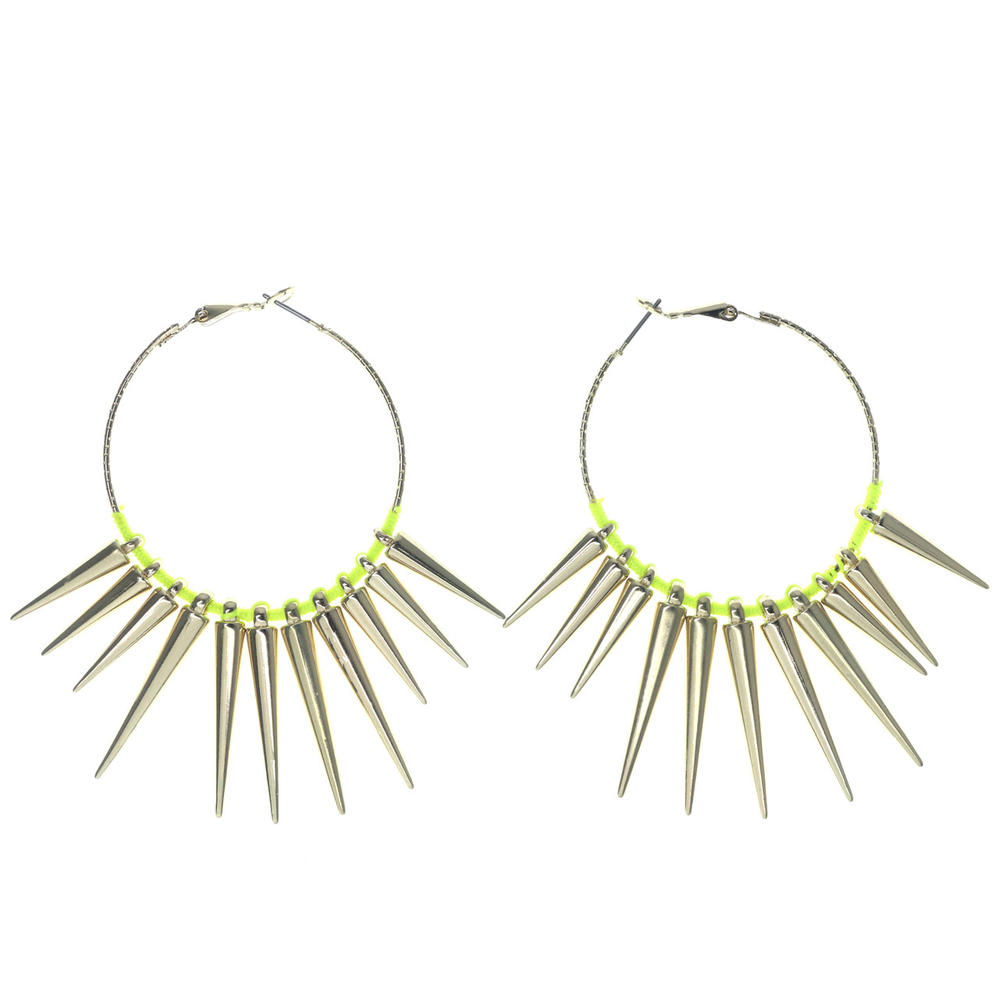 MI AMORE Gold-Tone Hoop Earrings Spike Shaped Bead & Neon Yellow String Accent For Women