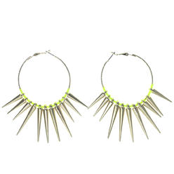 MI AMORE Gold-Tone Hoop Earrings Spike Shaped Bead & Neon Yellow String Accent For Women