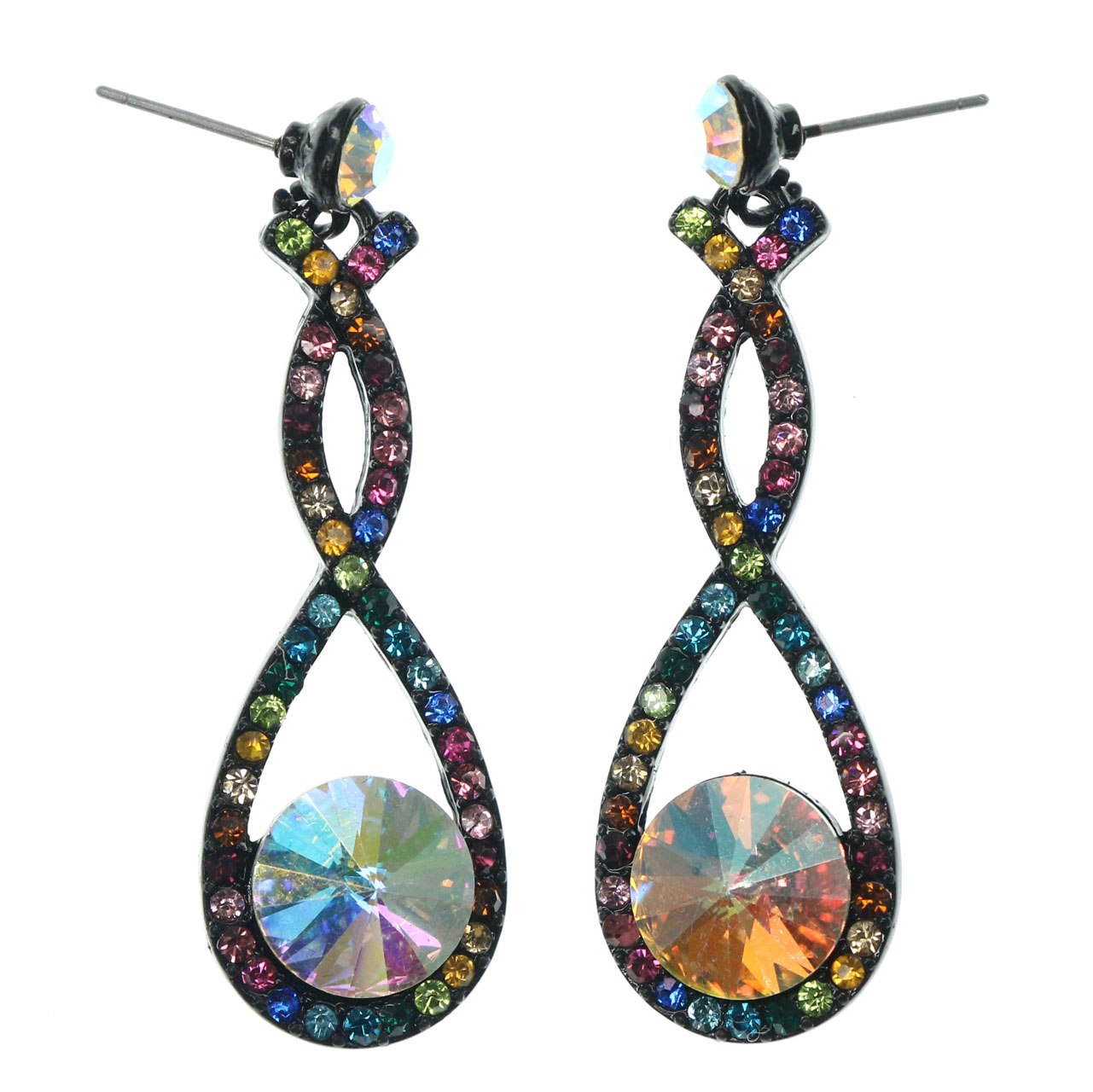 MI AMORE Black Dangle Earrings With Rainbow Colored Rhinestone Accents For Women TME550