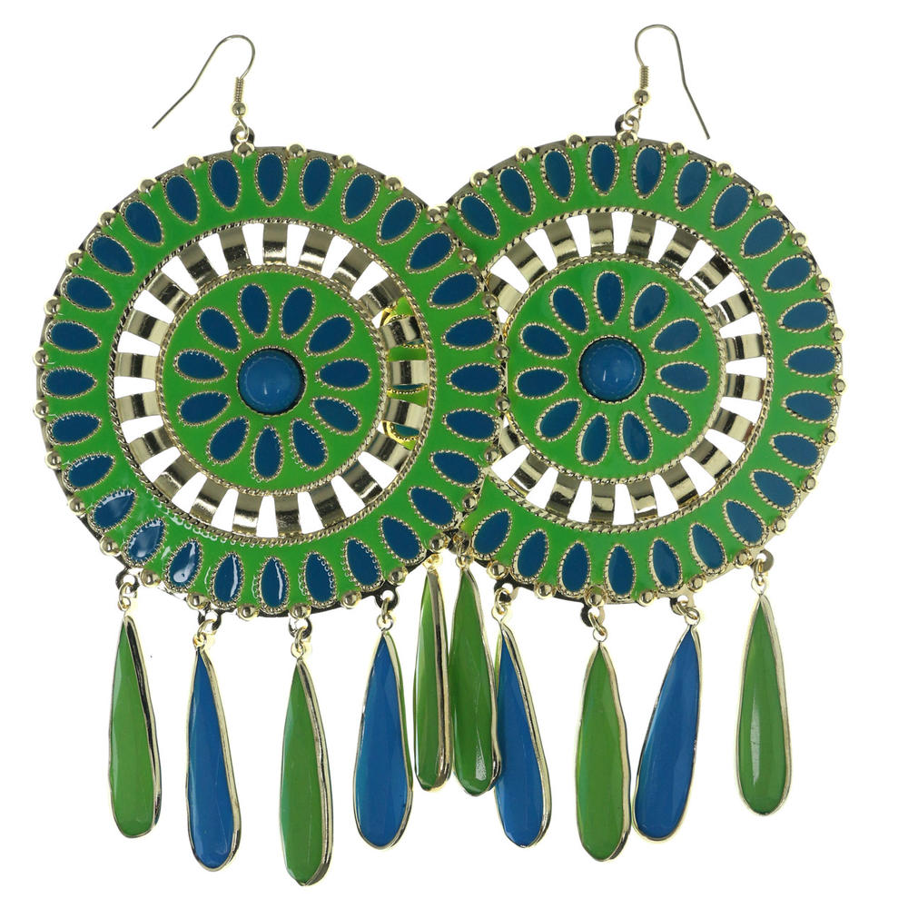 MI AMORE Large Gold-Tone Green & Blue Medallion Dangle Earrings Faceted Tear Drop Accents