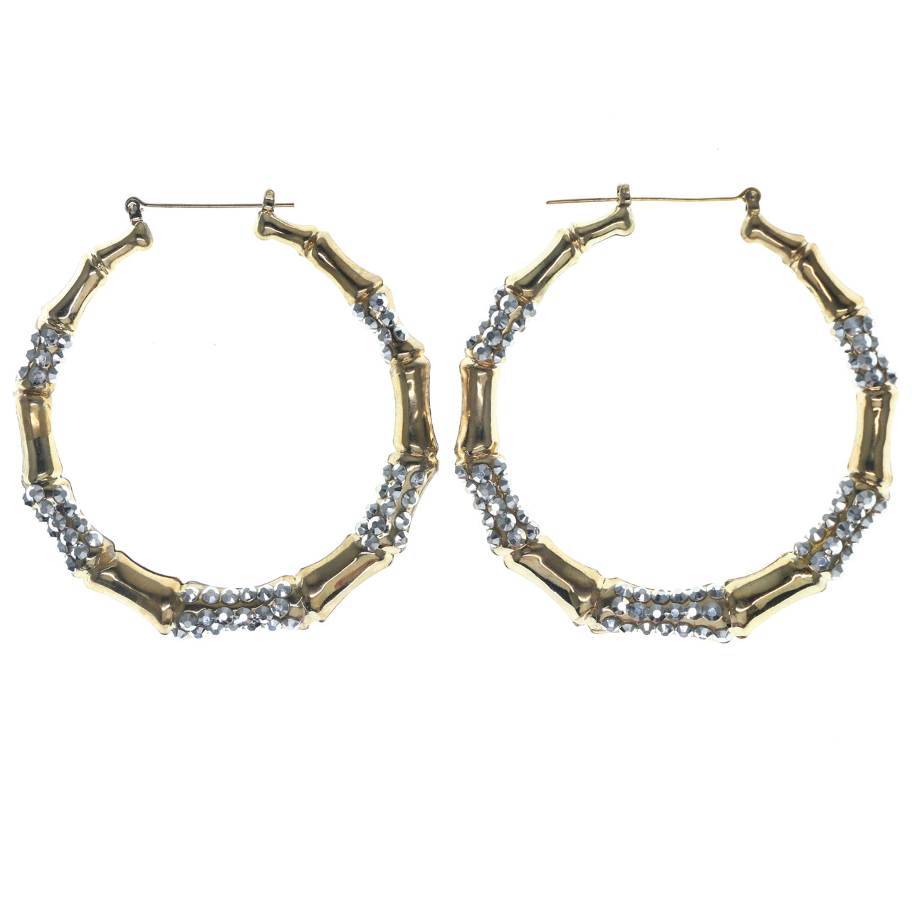 MI AMORE Crystal Accented Hoop Earrings Bamboo Like Pattern For Women Gold-Tone