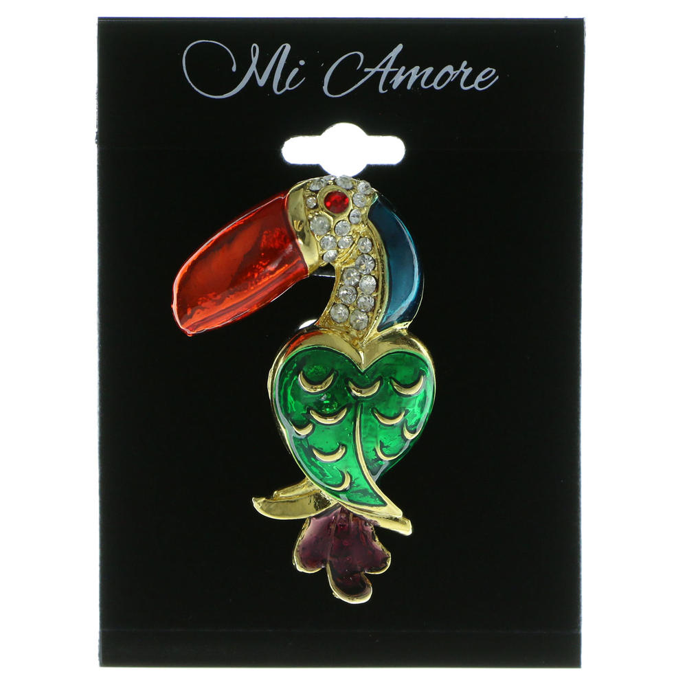 MI AMORE Colorful Metal Toucan Brooch-Pin With Crystal Accents Gold-Tone