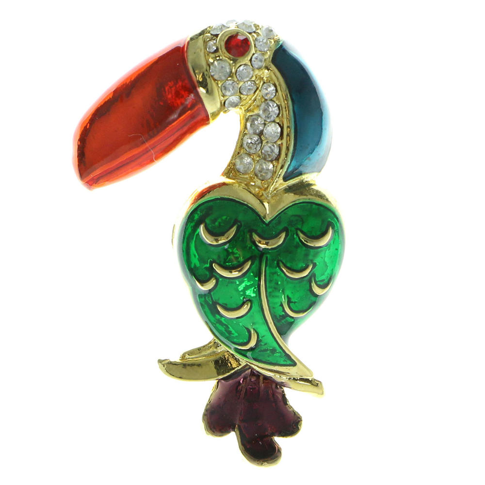 MI AMORE Colorful Metal Toucan Brooch-Pin With Crystal Accents Gold-Tone