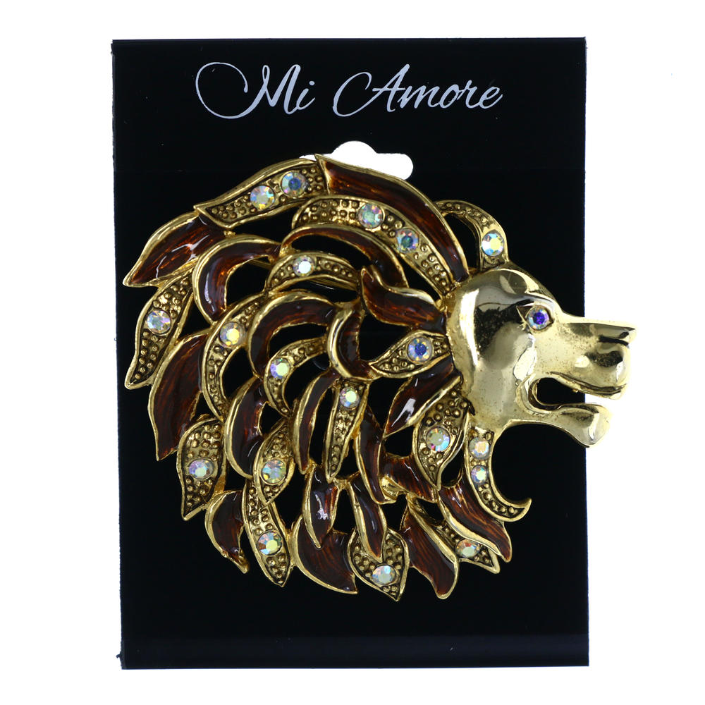 MI AMORE Lion AB Finish Brooch-Pin With Crystal Accents Gold-Tone & Brown Colored #LQP1384