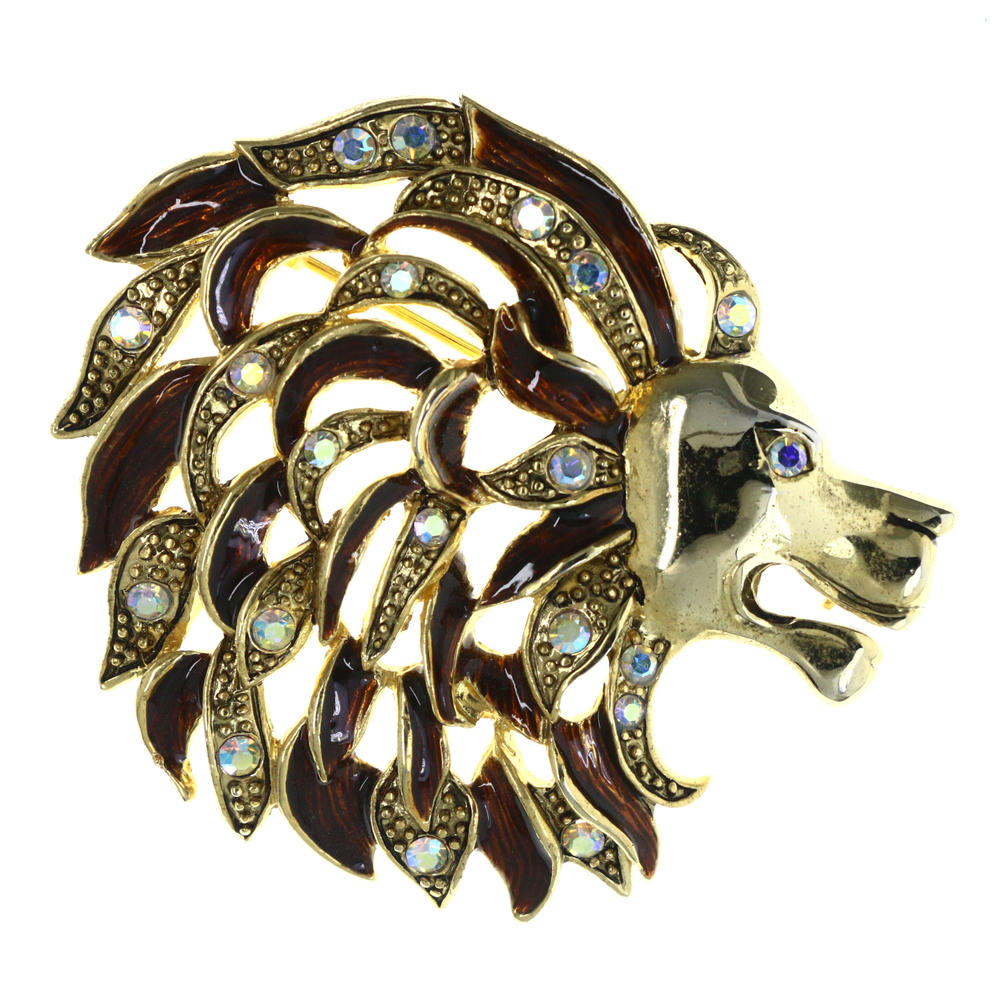 MI AMORE Lion AB Finish Brooch-Pin With Crystal Accents Gold-Tone & Brown Colored #LQP1384