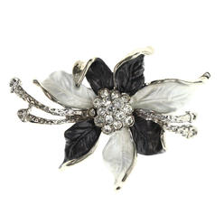 MI AMORE Flower Brooch-Pin With Crystal Accents Black & White Colored #LQP1422