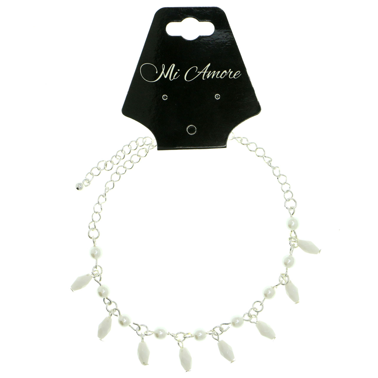 Mi Amore Silver-Tone Ankle Bracelet With Bead Accents Faceted Charms AN1263A-WHITE