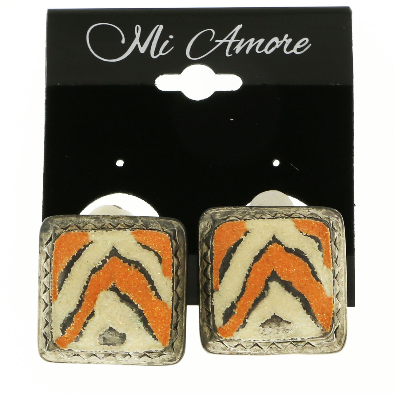 Mi Amore Striped Glitter Clip-On-Earrings Silver-Tone & Orange