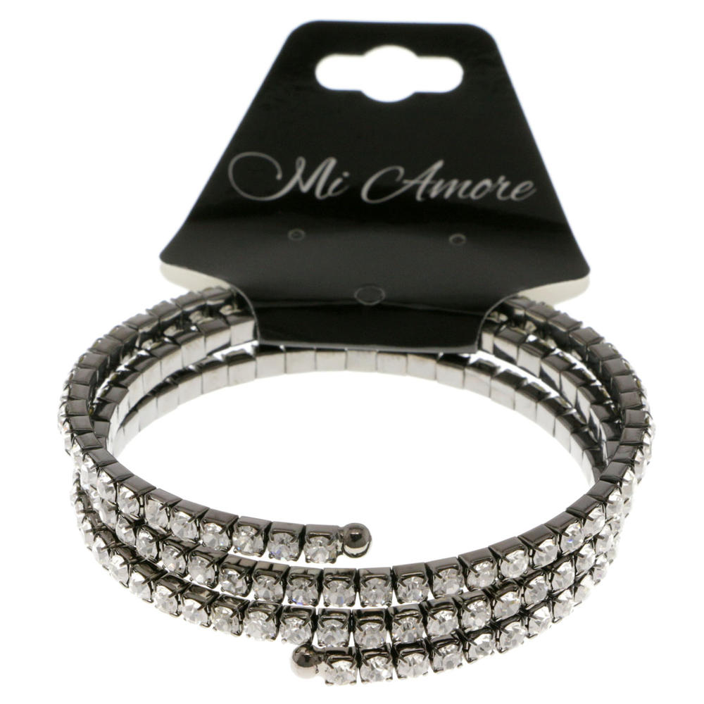 MI AMORE Three strand rhodium coil bracelet with clear rhinestone accents 30B6025A