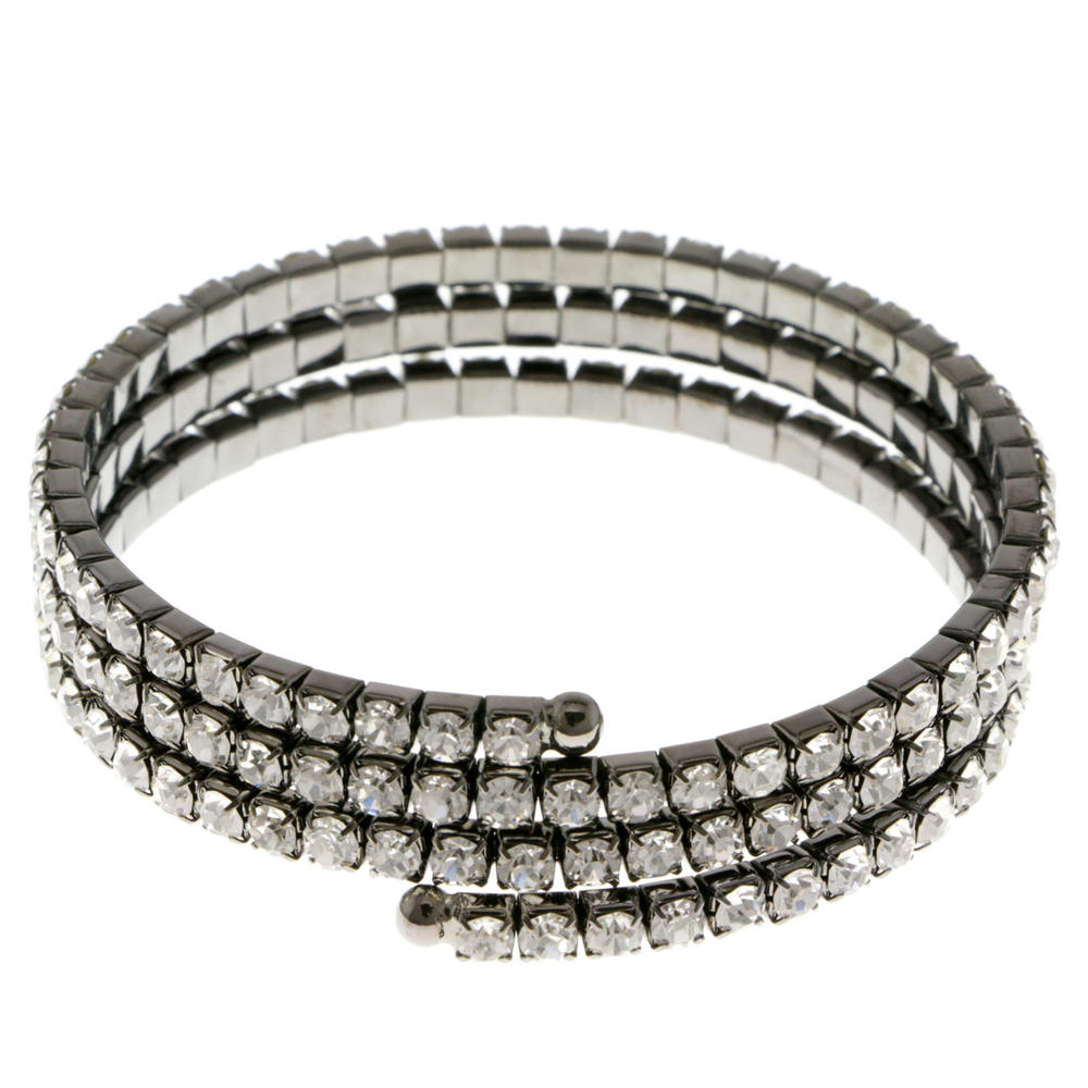MI AMORE Three strand rhodium coil bracelet with clear rhinestone accents 30B6025A
