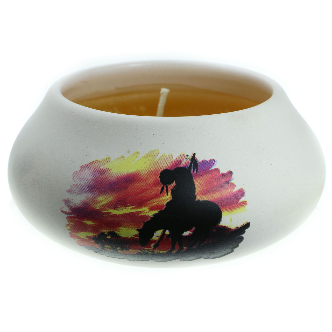 MI AMORE Off White Ceramic Candle with Indian on a Horse Silhouette Design (Yellow Wax)