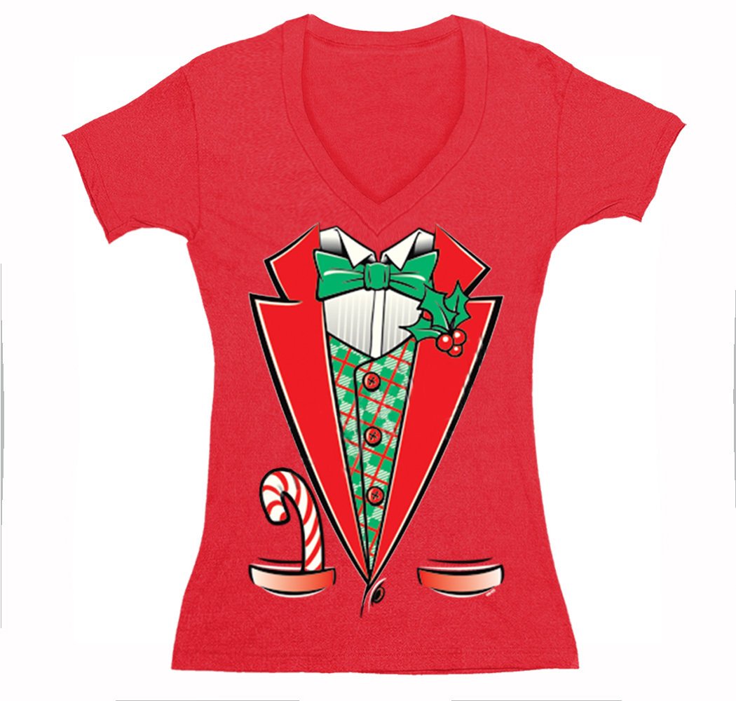 XtraFly Apparel Women's Tuxedo Shirt Bowtie Ugly Christmas V-Neck Short Sleeve T-Shirt