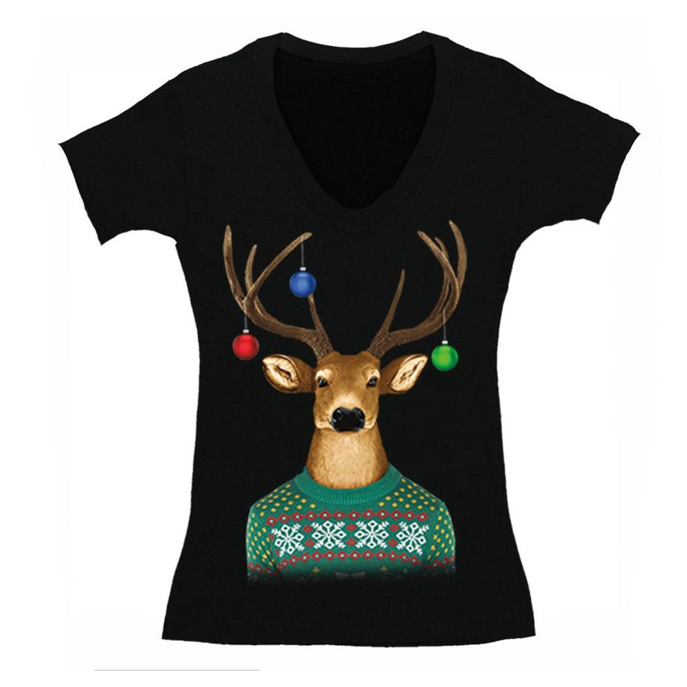 XtraFly Apparel Women's Reindeer Wearing Sweater Ornaments Ugly Christmas V-Neck Short Sleeve T-Shirt