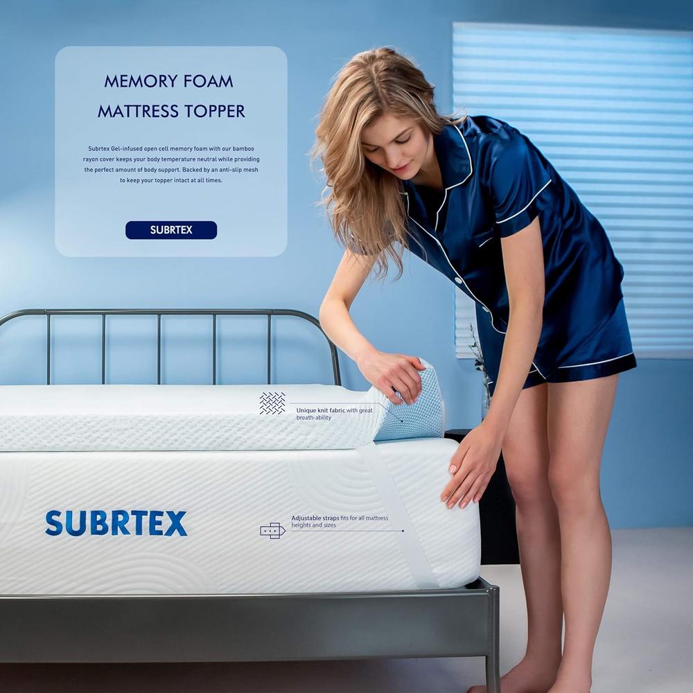 Subrtex 2 Inch Covered Gel-Infused Memory Foam Bed Mattress Topper Cooling Pad Removable Fitted Cover Ventilated Design