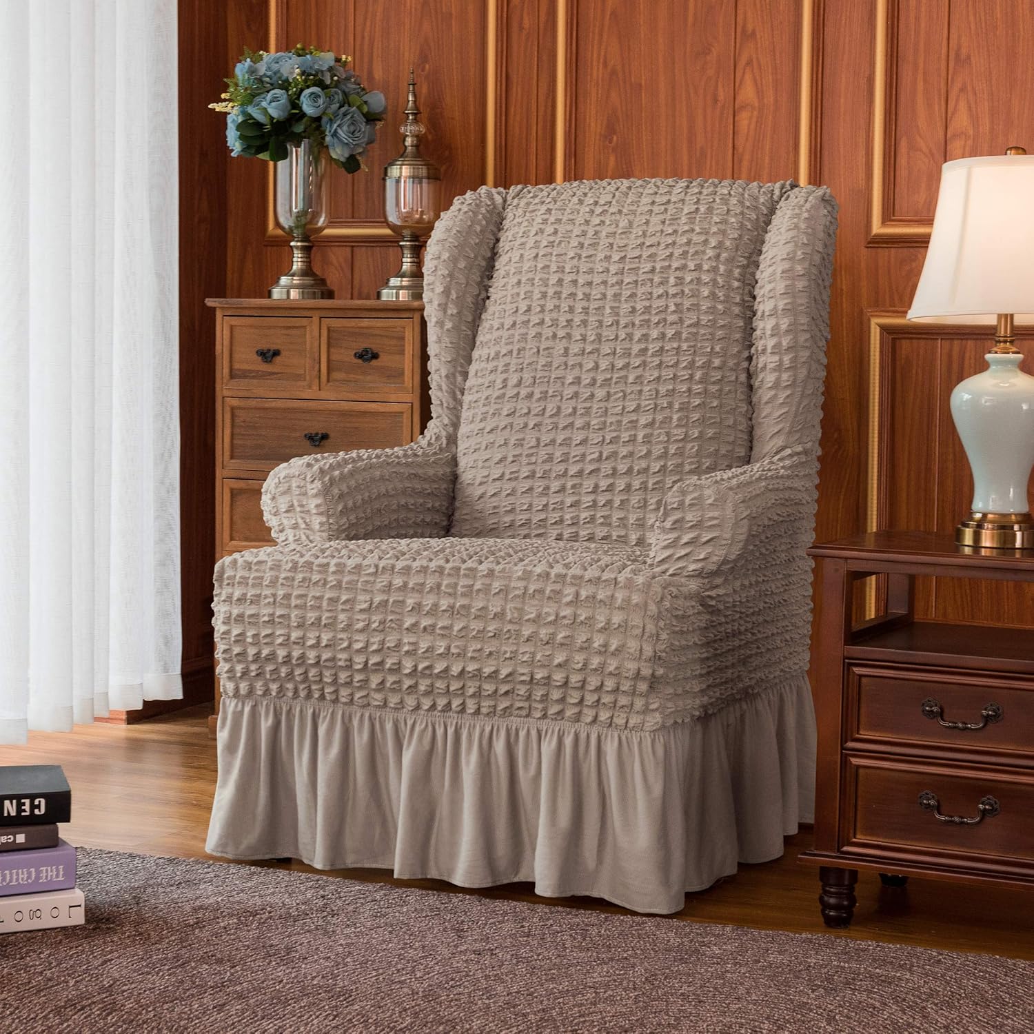 Subrtex 1 Piece Stretch Wing Chair Cover Skirt Style Wingback Chair Slipcover Furniture Cover