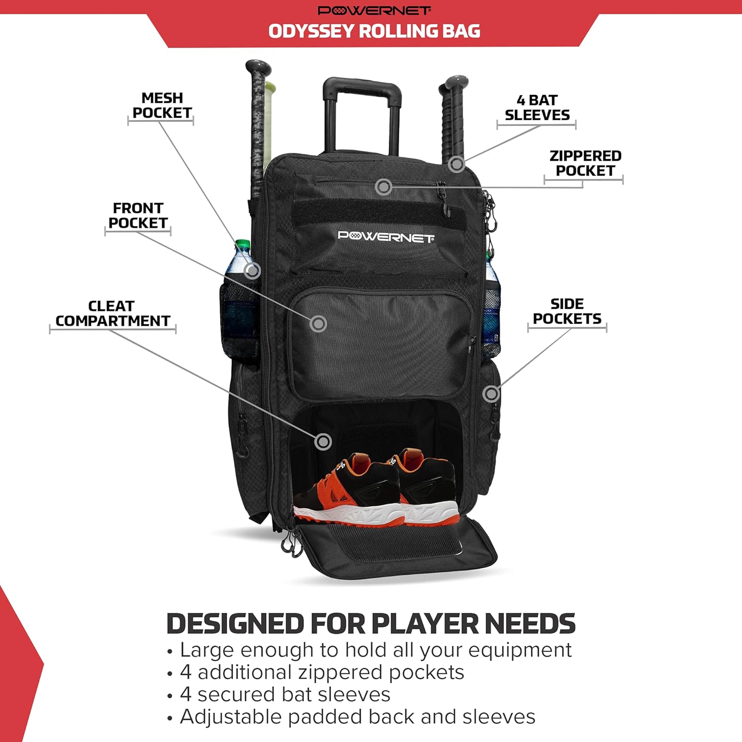 PowerNet Odyssey Rolling Gear Bag w Hidden Backpack Straps