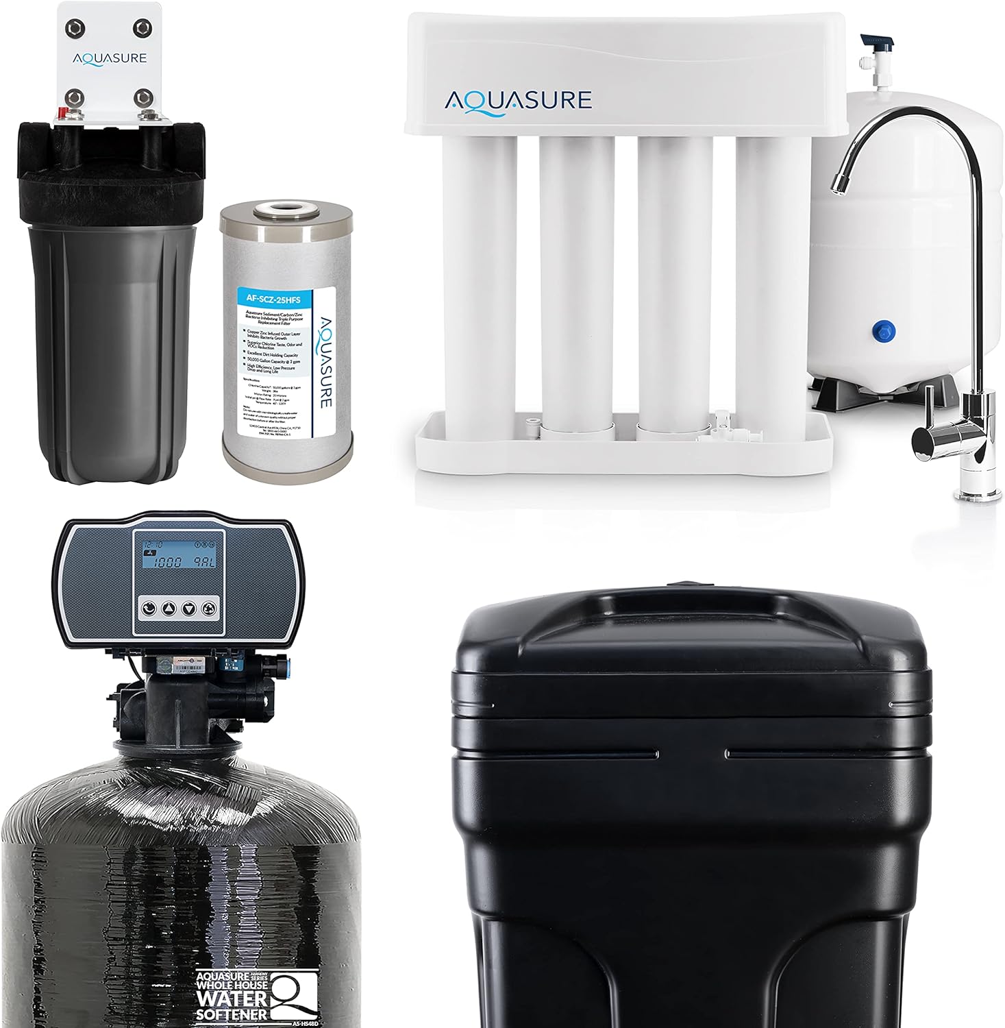 Aquasure Whole House Water Filtration Bundle w/Water Softener, 75 GPD RO System & Triple Purpose Pre-Filter (64,000 Grains)