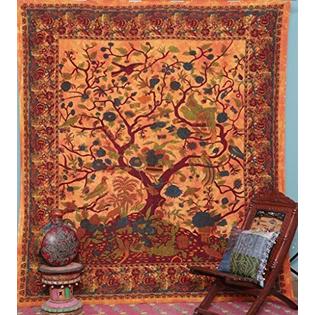Labhanshi Handicrunch Orange Indian Tree Of Life Bedspread Blossom