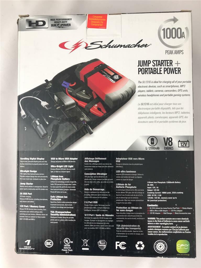 Schumacher Jump Starter Portable Power 1000a Peak V8 Hd Sl1316 2a Usb Port New