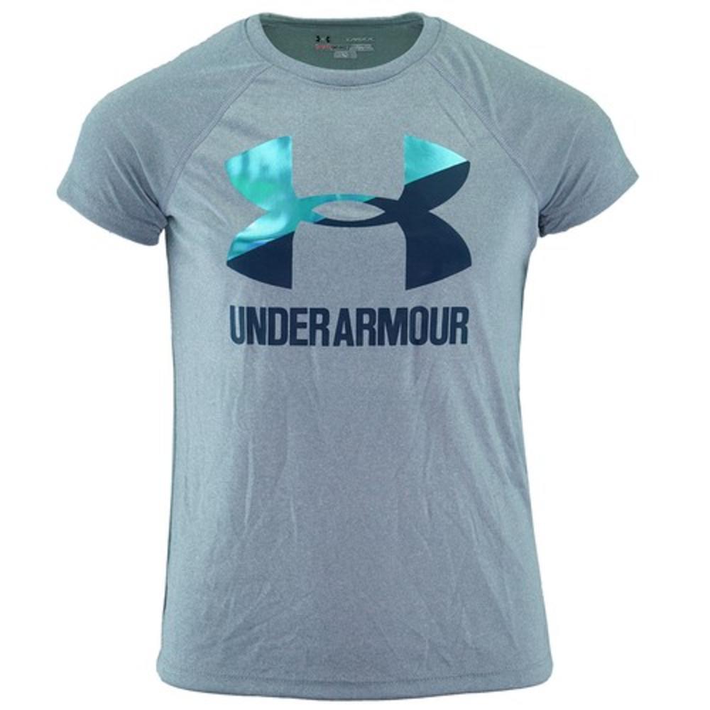 Under Armour Girl S Two Tone Big Logo S S T Shirt Grey Metallic Teal Navy M