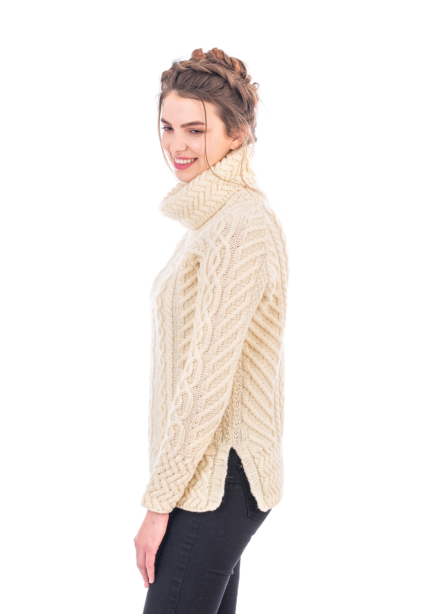 Saol Women Irish Premium Merino Wool Jumper Funnel Neck Aran Fisherman Sweater