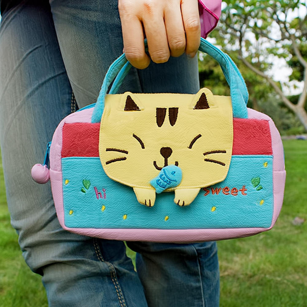 Blancho Bedding [Sweet Cat] Embroidered Applique Kids Mini Handbag / Cosmetic Bag / Travel Wallet (7.8*5.5*1.4)
