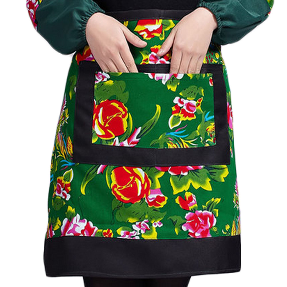 Panda Superstore Flowers Print Half Bistro Apron Chinese Native Style Kitchen Apron(Green/Red)