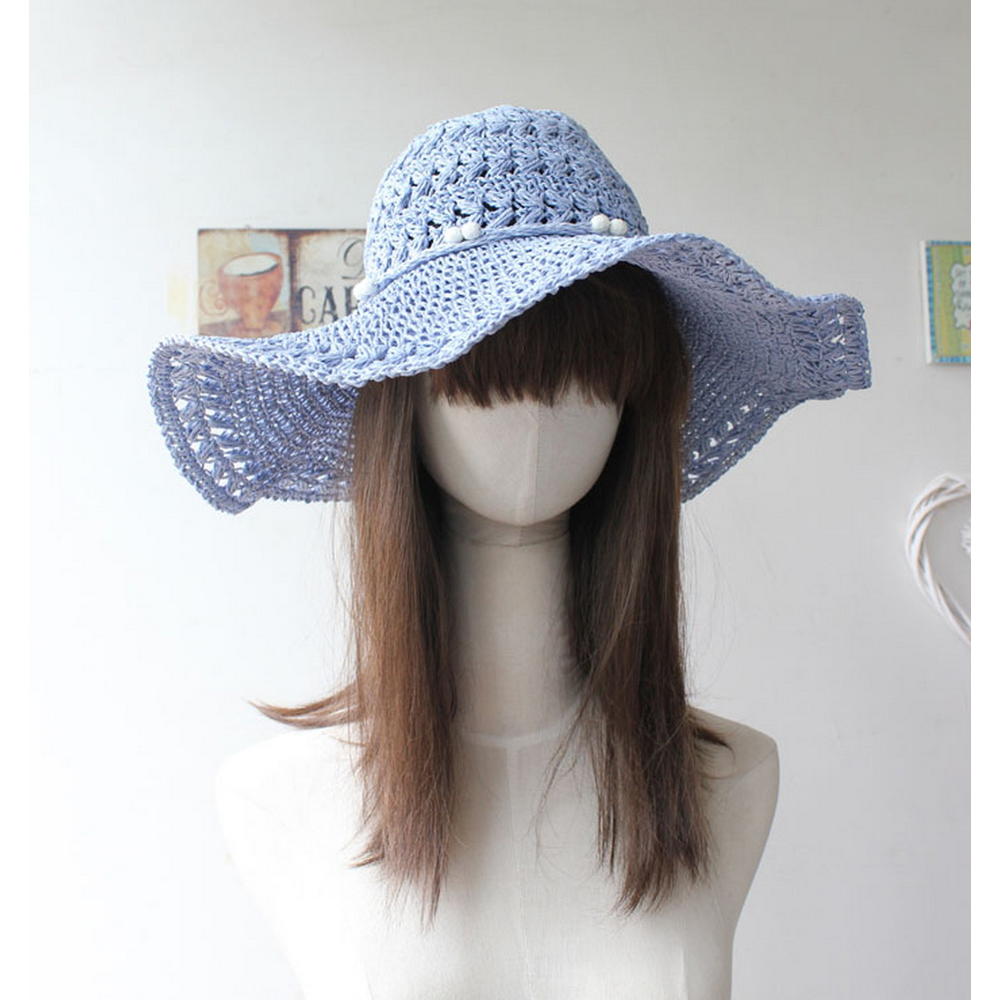 Panda Superstore Chic Blue Beading Straw Hat for Women Summer UV Protection Sun Hat
