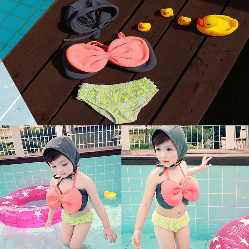Panda Superstore Lovely Bowknot Bikini with Cap for Girls Bathing Wear, 2-4 Years Old, 80-100CM